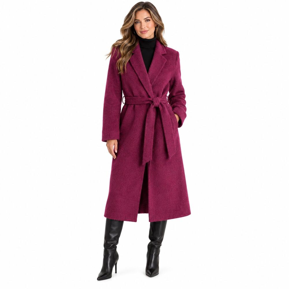 Steve Madden Womens Belted Long Coat Size XS Purple Winter Chic Cozy Overcoat
